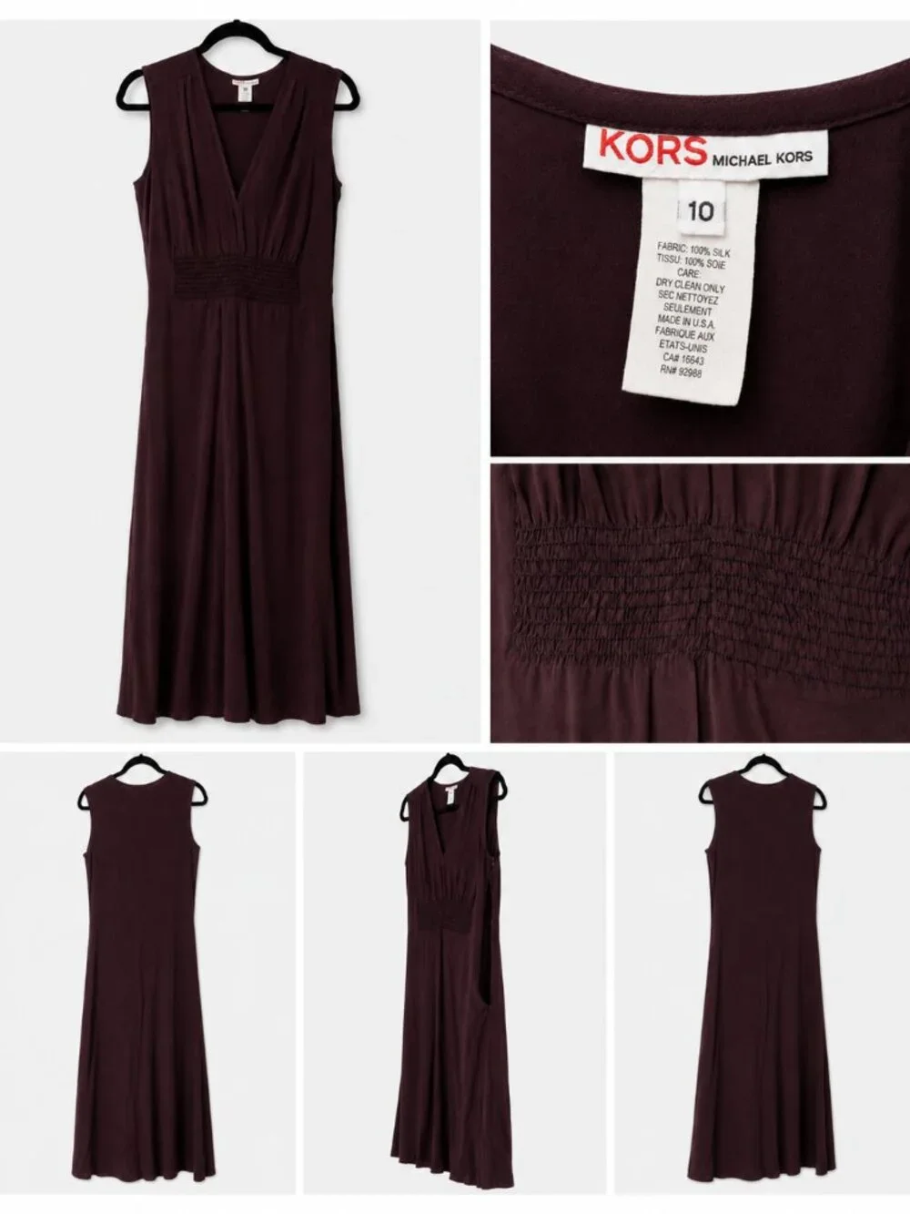 KORS Michael Kors 100% Silk Burgundy Maxi Dress Size 10 VGUC
